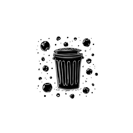 A black and white conceptual illustration featuring a trash can surrounded by floating spheres. This graphic design represents waste management and environmental awareness.のイラスト素材