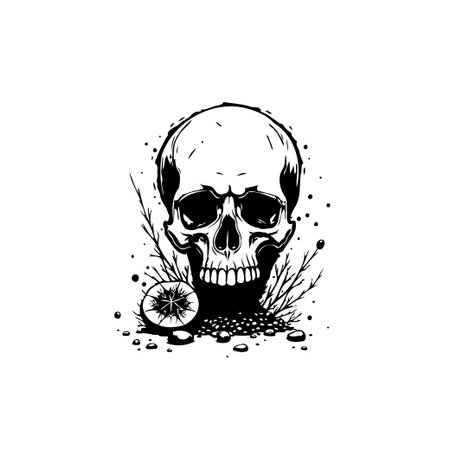 A striking monochromatic illustration features a skull with organic elements,rendered in a stylized, minimalist design, evokes macabre themes.のイラスト素材