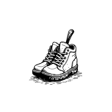 A detailed hand-drawn illustration of a pair of vintage boots with a wooden shoehorn. Showcasing rustic charm and adventure in timeless design.のイラスト素材
