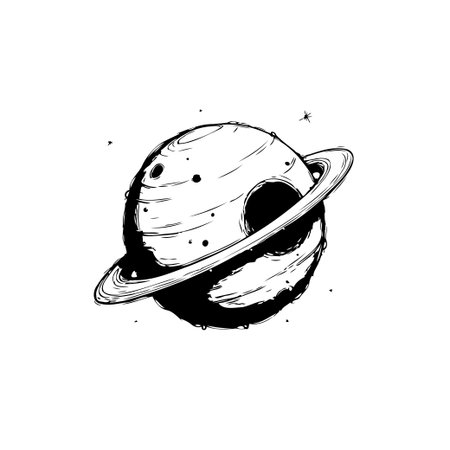 A monochrome sketch illustrates a planet with prominent rings, evoking themes of space exploration and cosmic fantasy in a minimalist aesthetic.のイラスト素材