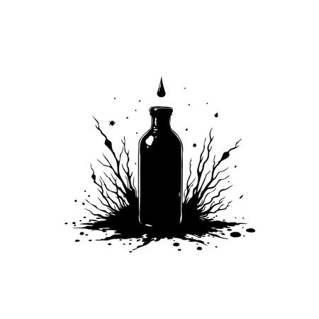 A minimalist black and white illustration featuring a bottle with a liquid drop and splash effect, perfect for artistic designs.のイラスト素材