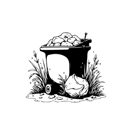 A monochrome illustration features a full trash can with waste overflowing, surrounded by grass. Suitable for environment themes.のイラスト素材