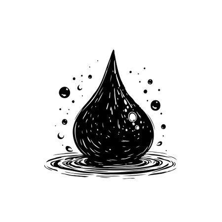 A monochromatic illustration portrays a single, isolated oil drop with surrounding ripples and small bubbles, conveying themes of industry and the environment.のイラスト素材