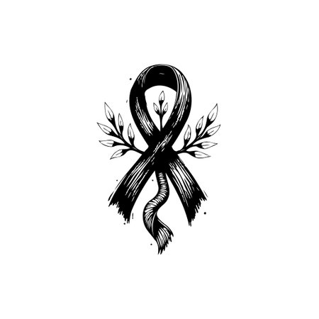 Elegant black ribbon illustration intertwined with delicate floral accents, symbolizing support, remembrance, and awareness for important causes and moments of reflection.のイラスト素材