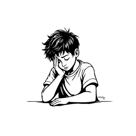 A black and white drawing depicts a young boy with a somber expression resting his head on his hand, conveying feelings of sadness, tiredness, and isolation.のイラスト素材