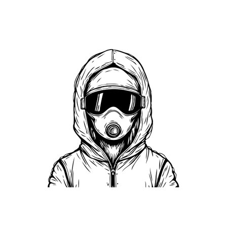 Black and white illustration of a person wearing a gas mask, goggles, and a hoodie. Represents anonymity, danger, or a post-apocalyptic scenario.のイラスト素材