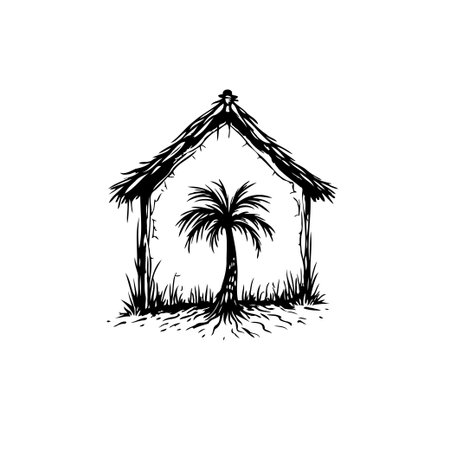 Illustration of a tropical hut with a palm tree inside. Ideal for illustrating vacation and travel-related projects. Vector design in black and white.のイラスト素材
