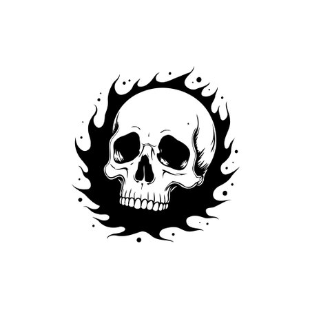 Skull with fire flame drawing in black and white style illustration art. Great for Halloween, gothic designs, or tattoo art.のイラスト素材