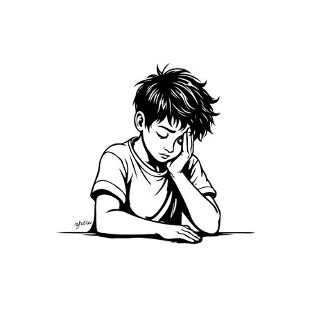 A monochrome illustration depicts a young boy resting his head on his hand, conveying a sense of sadness and contemplation, capturing emotions such as loneliness, worry, and stress.のイラスト素材