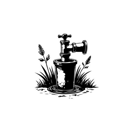 A monochrome illustration features a water tap inside a pot surrounded by grass, highlighting water conservation and the importance of environmental ecology.のイラスト素材