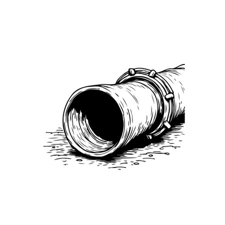 A monochrome illustration showing a pipe joint with a detailed texture. This image could represent plumbing, construction, or industrial equipment, set against a plain white background.のイラスト素材