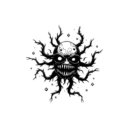 A captivating black and white illustration showcases a skull with menacing features, extending into tree branch-like appendages, embodying gothic horror and dark fantasy elements.のイラスト素材