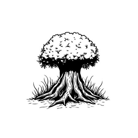 Detailed black and white illustration of a majestic old tree. Represents the beauty of nature and the enduring strength found in the environment.のイラスト素材