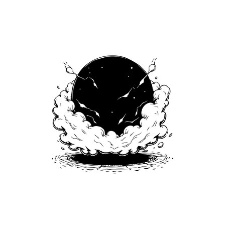 A dramatic illustration of a dark sphere emerging from a hole, surrounded by smoke, presented in monochrome. The image has a mysterious and surreal quality.のイラスト素材