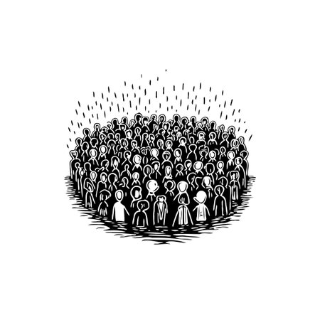 A monochrome illustration depicts a crowd of people. The image shows a group forming a community, with unity and cooperation.のイラスト素材