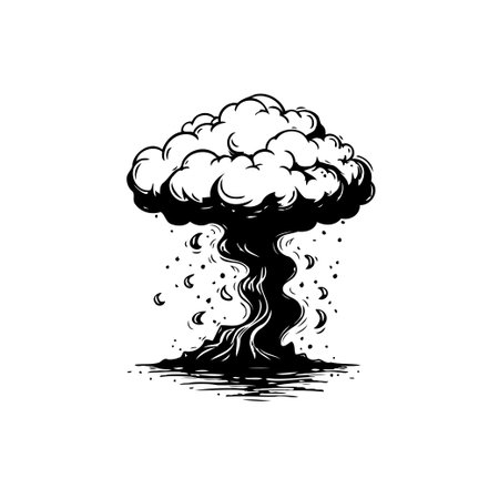 A black and white vector illustration depicts a mushroom cloud formation resembling a nuclear explosion, emphasizing danger, destruction and a sense of impending doom.のイラスト素材