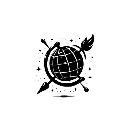 A minimalist vector illustration featuring a globe pierced by an arrow. Symbolizes global reach, navigation, and international connectivity in a visually clean style.のイラスト素材