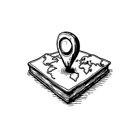 Hand-drawn style illustration of a world map on a book, topped with a location pin, perfect for travel and geographical themes.のイラスト素材