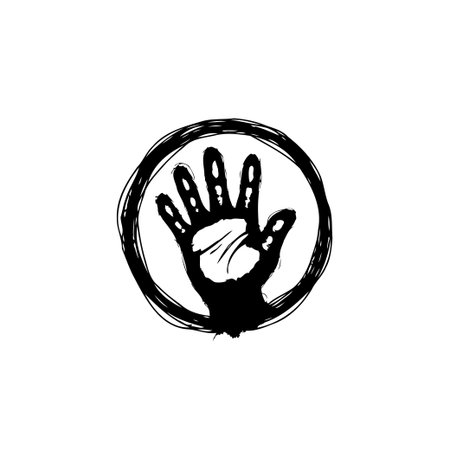 Black handprint on white background, artistic design concept featuring a symbol of unity, creativity, and identity in a contemporary style.のイラスト素材
