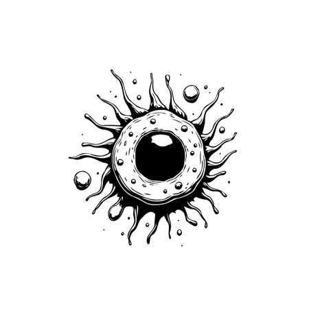 A stylized, abstract sun illustration. Black and white design features radial elements and a unique, hand-drawn aesthetic, perfect for artistic projects.のイラスト素材