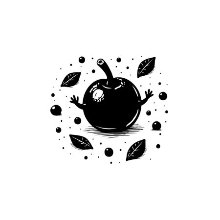 A cartoon apple with arms, surrounded by leaves and bubbles, illustrated in a playful, black and white style, perfect for adding a fun touch.のイラスト素材