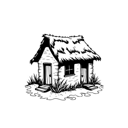 A monochrome illustration displays a charming thatched hut on a clean white background. The rustic design creates a rural atmosphere with a touch of simplicity.のイラスト素材