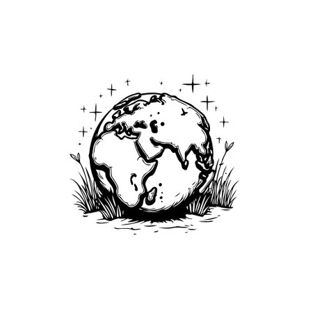 A black and white minimalist illustration of planet earth surrounded by grass and sparkling stars. Ideal for environmental themes, geography resources, or creative designs.のイラスト素材