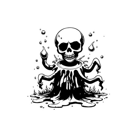 A creepy drawing of a skull with tentacles coming out of the base. The tentacles are dripping with liquid, creating a spooky and surreal image.のイラスト素材
