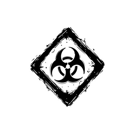 Distressed biohazard symbol within a diamond shape, indicating potential biological risks and hazards. Black and white illustration, used for warning and safety purposes.のイラスト素材