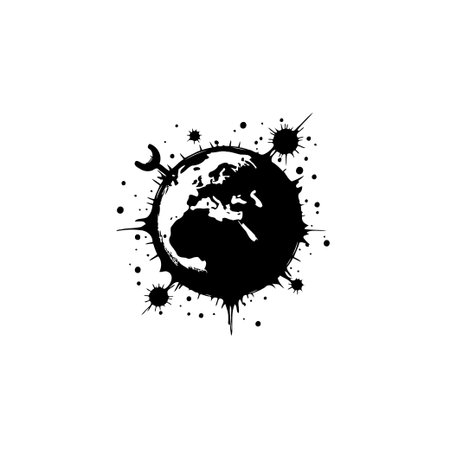 A black and white artistic illustration of the Earth with ink splatters around it, conveying concepts like pollution, disease outbreaks, or environmental issues affecting the globe.のイラスト素材