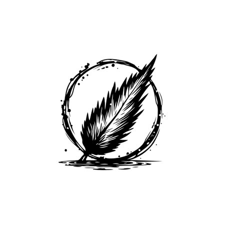 A minimalist illustration of a detailed feather inside a textured circle. Ideal for vintage designs, artistic projects, or elegant themes.のイラスト素材