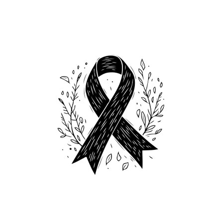 Elegant black ribbon illustration conveys mourning, loss, or awareness. The ribbon, surrounded by subtle floral accents, expresses sympathy, support, and solidarity.のイラスト素材