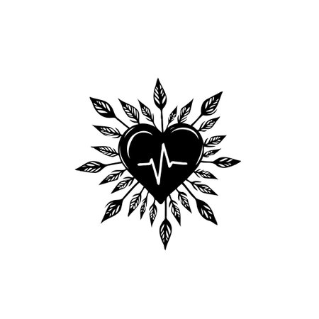 A minimalist illustration showcasing a heart with a heartbeat line surrounded by leaves, symbolizing health, vitality, and the connection between nature and well-being.のイラスト素材