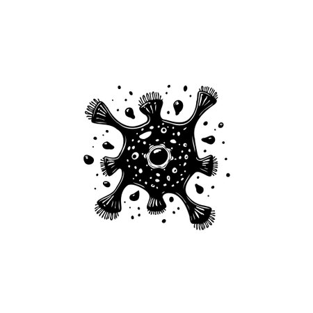 A monochrome illustration of a stylized virus cell, featuring prominent spikes and scattered droplets, ideal for medical or scientific visual representations.のイラスト素材