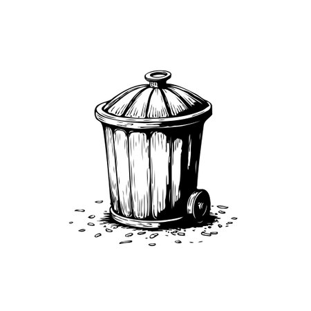 A black and white drawing of a closed trash can with scattered debris. It is a simple and iconic representation of waste disposal.のイラスト素材