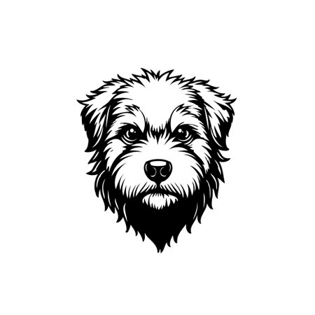 Detailed black and white portrait of a cute dog with a furry face and expressive eyes. Ideal for pet-related designs and artwork.のイラスト素材