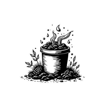 A minimalist hand-drawn illustration of a steaming pot surrounded by plants and stones. Symbolizing warmth, relaxation, and connection with nature.のイラスト素材