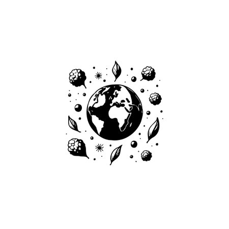 A monochrome illustration featuring the Earth, surrounded by plants and leaves, representing nature, environmental awareness, and the importance of sustainability for a healthy planet.のイラスト素材