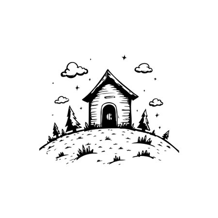 A whimsical hand-drawn illustration of a cozy cottage nestled on a hilltop, surrounded by trees and fluffy clouds, creating a serene and idyllic landscape.のイラスト素材