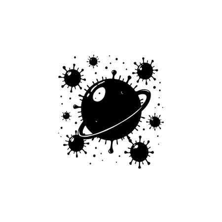 A stylized black and white illustration depicting a virus cell designed to resemble a planet, surrounded by smaller virus cells that give the impression of satellites. This symbolizes the pervasive global health crisis.のイラスト素材