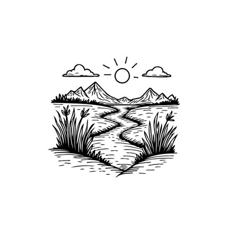 A minimalist black and white illustration depicts a serene landscape with a winding river, majestic mountains, and a radiant sun illuminating the peaceful scene.のイラスト素材
