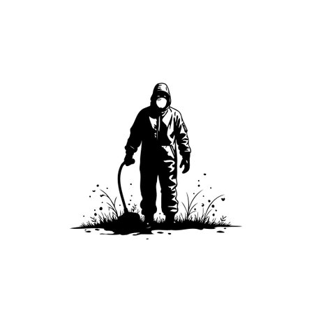 A vector illustration depicting a worker in a hazmat suit with equipment, emphasizing safety and protection in a hazardous environment.のイラスト素材