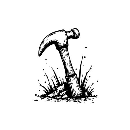 A black and white illustration of a hammer, symbolizing construction, carpentry, and repair. Ideal for representing craftsmanship and the tools of the tradeのイラスト素材