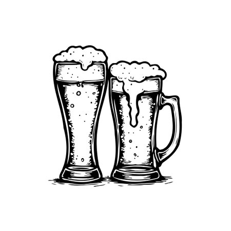A vintage-style black and white illustration of two beer glasses with foamy heads, evoking a sense of celebration and classic pub culture.のイラスト素材
