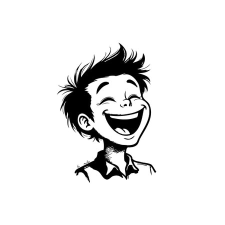A joyful monochrome illustration captures a boy in hearty laughter. The simple yet expressive line art conveys genuine happiness and fun, reflecting positive emotion.のイラスト素材