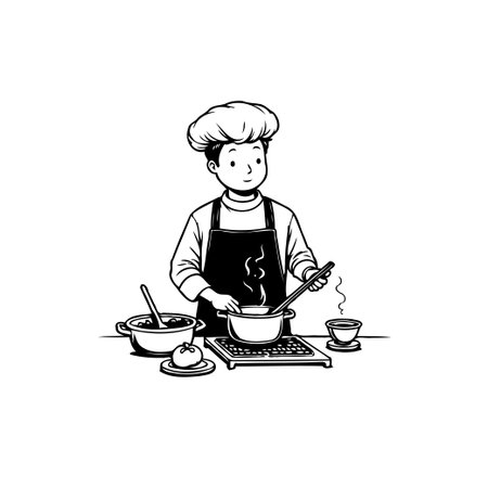 A delightful cartoon chef is immersed in preparing a delicious meal. The chef is wearing an apron and a chef's hat, while working in a minimalist kitchen setting, with various cooking utensils around.のイラスト素材