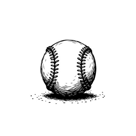 This is a detailed sketch of a baseball on a white background. The image showcases the intricate stitching and texture of the ball in a vintage style.のイラスト素材