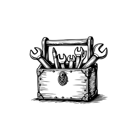 A vintage-style, hand-drawn illustration showcases a toolbox brimming with essential tools, perfect for conveying themes of repair, maintenance, and skilled craftsmanship.のイラスト素材