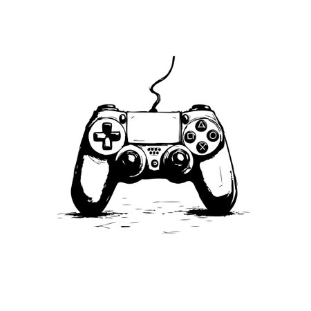 A black and white drawing of a modern game console controller, perfect for representing digital...