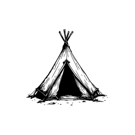 A black and white hand-drawn illustration of a teepee, evoking the essence of camping, nomadic life,...